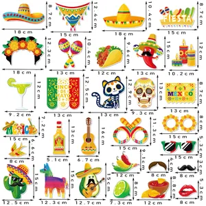 Mexican Fiesta party photo booth props set showing detailed size dimensions for all items