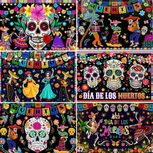 Mexican Day of the Dead Backdrop Día de los Muertos Party Decoration Sugar Skull Floral Photography Background Polyester Tapestry Home Wall Banner