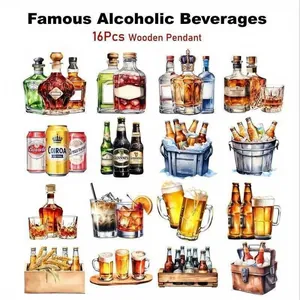 Set of 16 watercolor alcoholic beverage wooden pendants for home party decoration