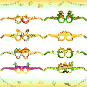 Variety of Mexican Fiesta paper party glasses with cactus taco and skull designs