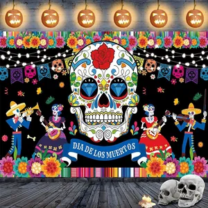 Vibrant Day of the Dead backdrop with sugar skull and Mexican party elements