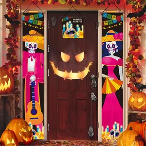 Decorative Day of the Dead skeleton door banners set displayed in a festive scene with pumpkins