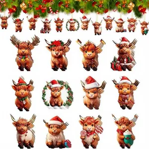 Set of Christmas Highland Cow wooden hanging ornaments with festive Santa hats and scarves.