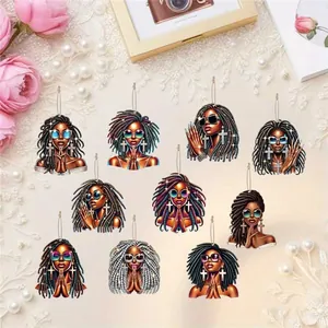 Detailed set of 10 Afrocentric wooden hanging ornaments for car or festive home decor