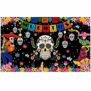 Vibrant Dia de los Muertos party backdrop featuring colorful sugar skulls and dancing skeletons