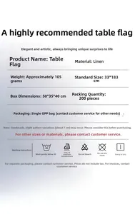 Detailed specifications for a linen table runner with size and washing instructions