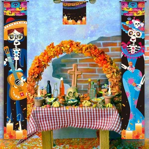 Three-piece Day of the Dead banner set with skeleton figures in festive scene