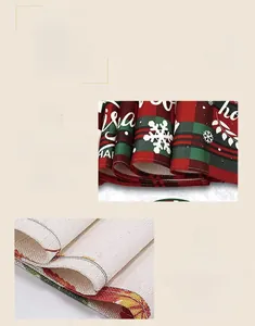Detailed macro shots of Christmas plaid table runner showing fine stitching and printing