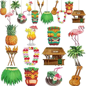 Assorted tropical themed wooden hanging ornaments including flamingo and tiki mask
