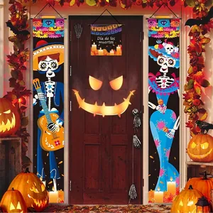 Full view of 2025 Halloween Day of the Dead sugar skull skeleton door banner set