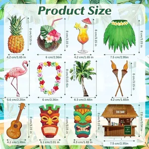 Detailed size chart for Hawaiian Luau and Mexican Fiesta themed wooden hanging ornaments