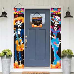 3-piece Day of the Dead door banners with skeleton designs hanging on a blue front door