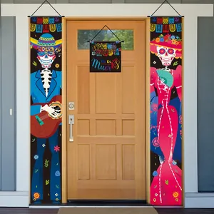 Vibrant Dia De Los Muertos skeleton porch banners set displayed on a wooden front door