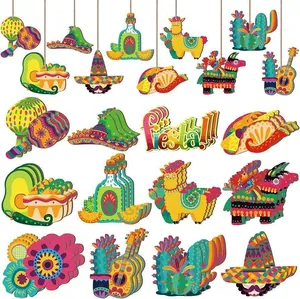 Detailed view of colorful Mexican Fiesta wooden ornaments for Cinco de Mayo tree decoration