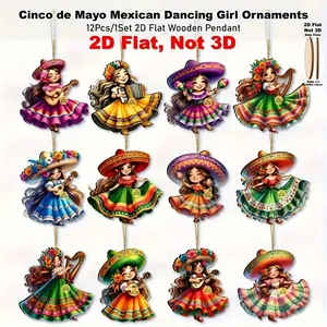 Detailed view of 12pcs 2D flat wooden Mexican dancing girl ornaments for Cinco de Mayo