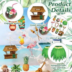 Detail of Mexican Fiesta wooden hanging tags with flamingo and tropical tiki patterns