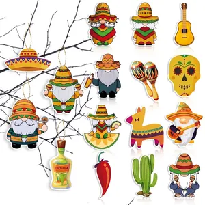 Mexican Cinco de Mayo hanging gnome ornaments with colorful sombrero and guitar designs