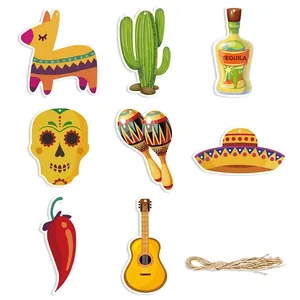 DIY Mexican Cinco de Mayo hanging decorations set featuring cactus, guitar and pinata cutouts