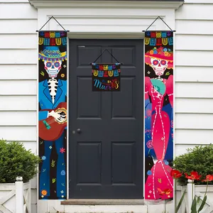 Día de los Muertos porch banner set featuring skeleton guitar player and festive dancer