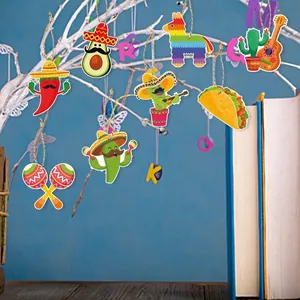 Festive Mexican Cinco de Mayo hanging decorations featuring taco, chili, and cactus designs