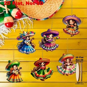 Set of 6 Cinco de Mayo 2D flat wooden Mexican dancer pendants for festive celebration decor
