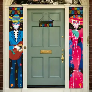 Festive Day of the Dead skeleton door banner set displayed on a classic green entrance door