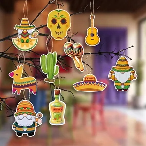 Detailed view of vibrant Mexican Cinco de Mayo hanging decorations shown on a display branch.