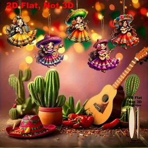 Detailed close-up view of 2D flat wood Mexican dancer ornaments with 0.3cm thickness specification