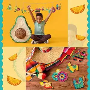 Detailed view of colorful Cinco de Mayo wooden ornaments with festive Mexican themes