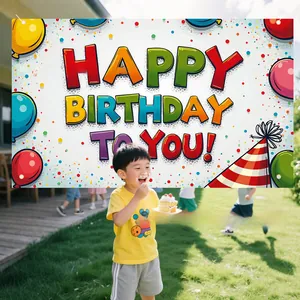 Πολύχρωμο πανό φόντου Happy Birthday με μπαλόνια και κομφετί για παιδικό πάρτι