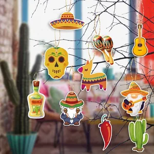 Colorful Mexican fiesta hanging ornaments with sombrero, skull, and cactus motifs.