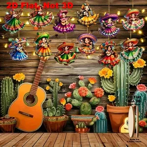 Set of 12 flat wooden Cinco de Mayo Mexican dancer ornaments with musical instruments.