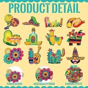 Mexican Fiesta wooden ornaments set with 36 pieces for Cinco de Mayo carnival decorations