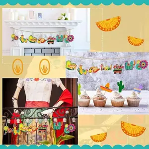Cinco de Mayo wooden ornaments set featuring Mexican festive icons and party scenes