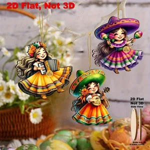 2D flat wooden Cinco de Mayo Mexican dancer ornaments for festive holiday decoration