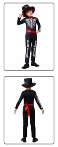 Detailed front and back view of a children's skeleton costume for Day of the Dead