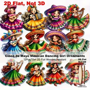 Set of 12 flat wooden Cinco de Mayo Mexican dancing girl ornaments with colorful traditional dresses