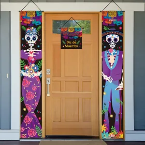 Detail view of Day of the Dead 3-piece banner set featuring festive sugar skulls on a door