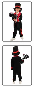 Front and back view of children's Day of the Dead skeleton costume suit with hat
