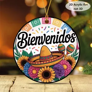 Detailed 2D acrylic Mexican festive ornament with Bienvenidos text and sombrero design
