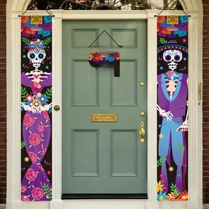 Close-up detail of Day of the Dead skeleton door banner couplet set for Halloween party decor