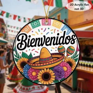Detail view of 2D flat Mexican Cinco de Mayo acrylic ornament with sombrero and sunflowers