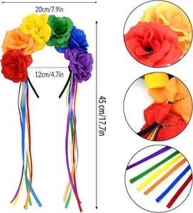 Detailed dimensions and close-up view of rainbow rose headband with satin ribbons.