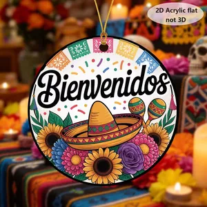 Detailed close-up of a 2D acrylic Cinco de Mayo ornament with Bienvenidos and hat
