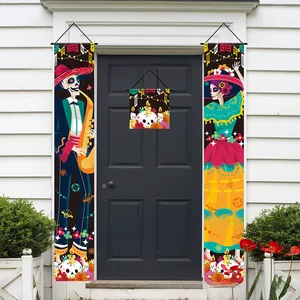 Day of the Dead porch banner set with festive dancing skeletons for Halloween