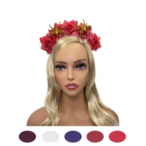 Detail showing Halloween floral headband with golden spiders on mannequin and swatches