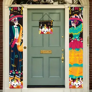 Day of the Dead skeleton door banner set displayed on a teal front door detail
