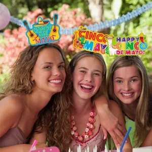 Festive Cinco de Mayo headbands with llama and guitar designs for Mexican parties.