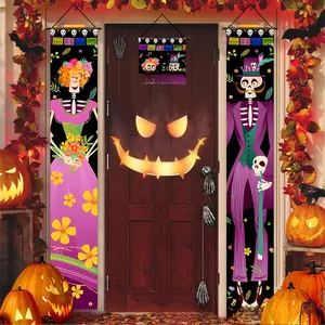 Detailed view of Halloween Day of the Dead skeleton porch banners set on a decorated door