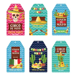 Detail showing six colorful Cinco de Mayo party gift tags with Mexican motifs